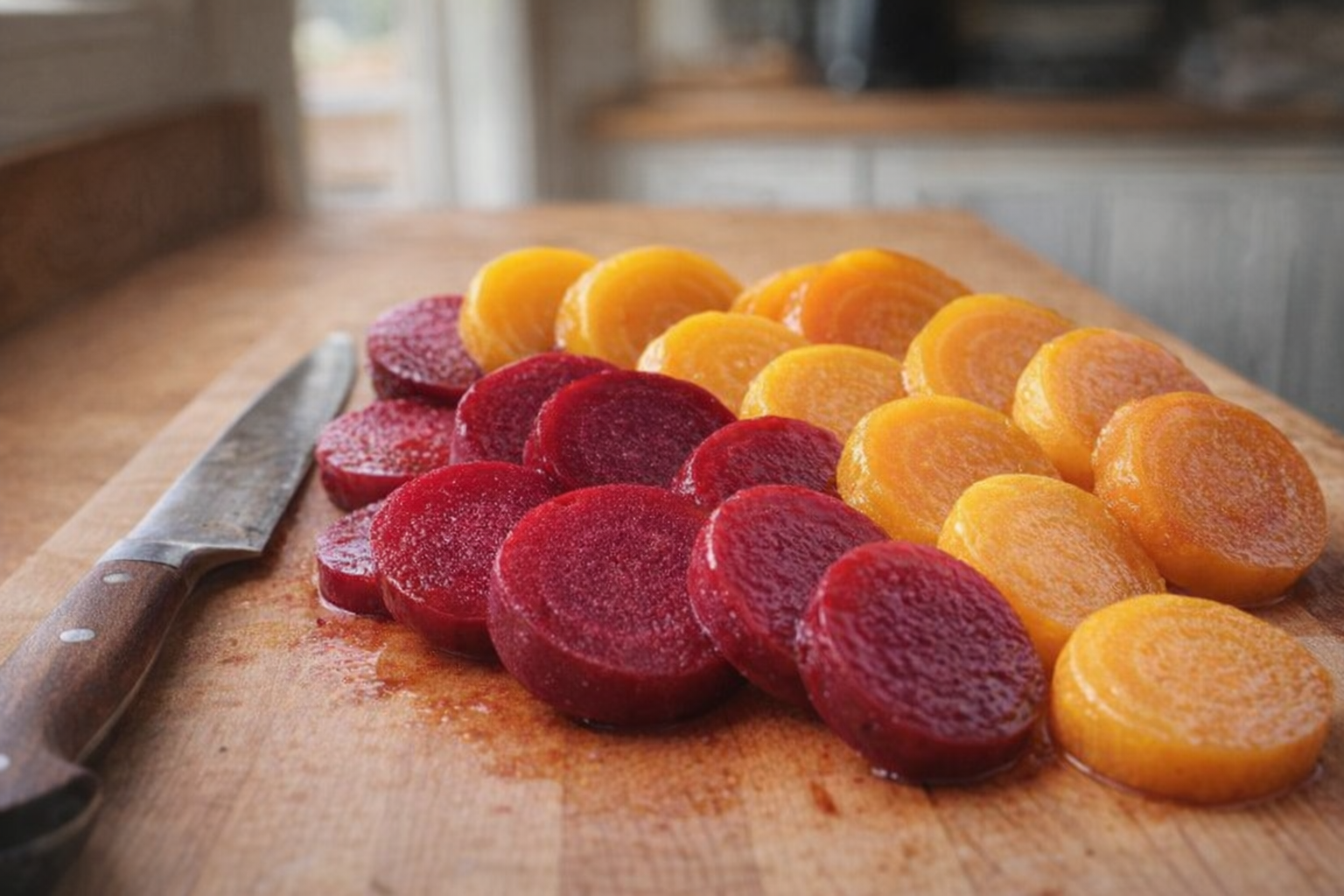 A close-up shot of vibrant red and golden boiled beets, sliced and arranged on a wooden cutting board, with a knife resting beside them, natural daylight